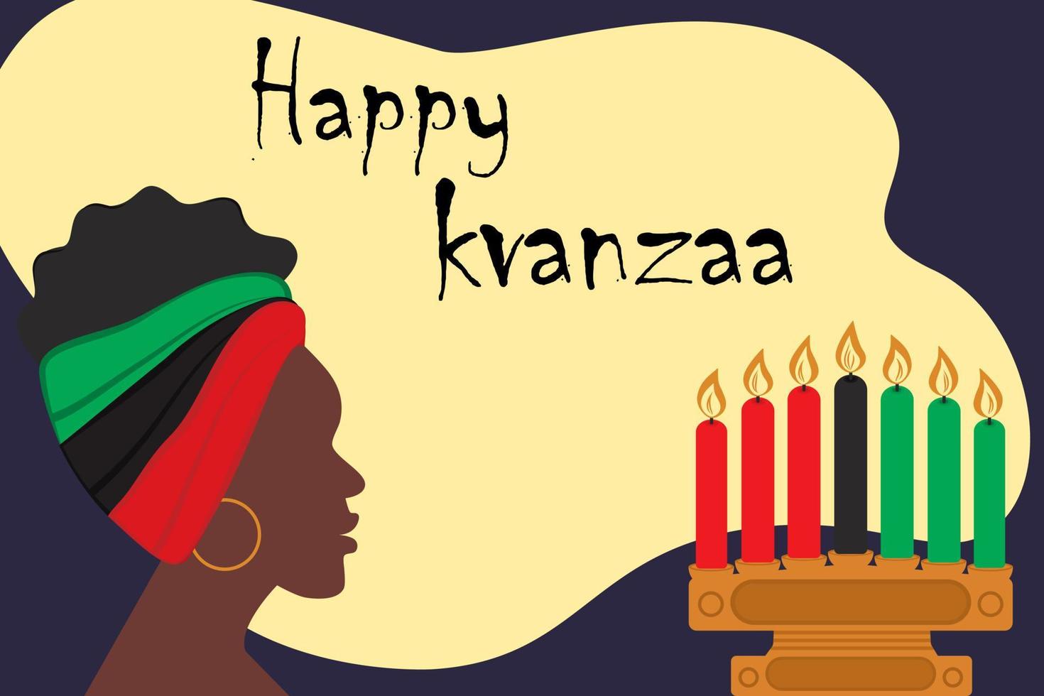 African woman with headband and candelabra with candles in traditional color Africa. Happy Kwanzaa vector