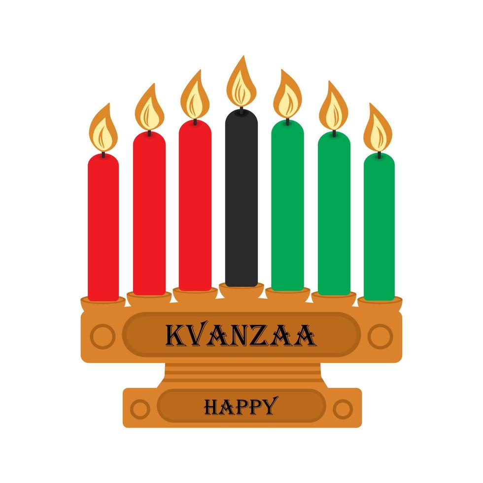 Wooden candlestick with seven candles in the color of the African flag and inscription Happy Kwanzaa vector