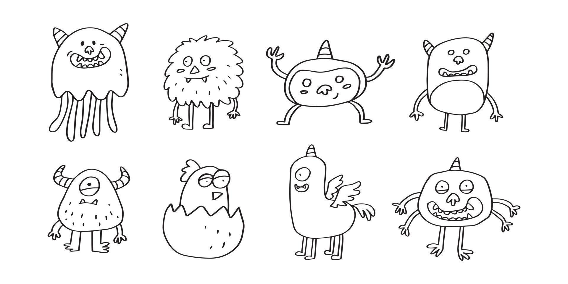 Set of cute monster hand drawn line art illustration for ornament and design element vector