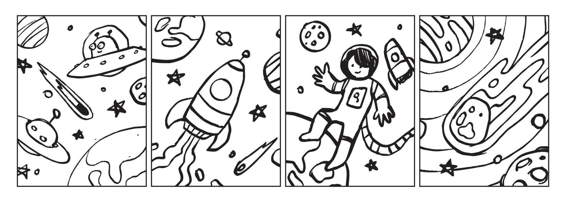 conjunto de ilustración de página de color de espacio para niños. colección de arte de línea de cohete, estrella, planeta y astronauta dibujado a mano para el libro de colorear. vector