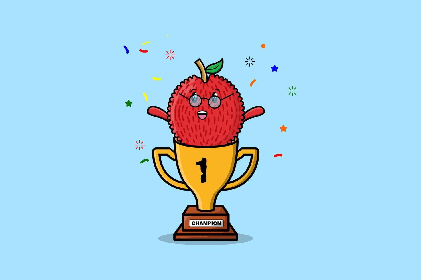 Cute cartoon Lychee character in trophy vector