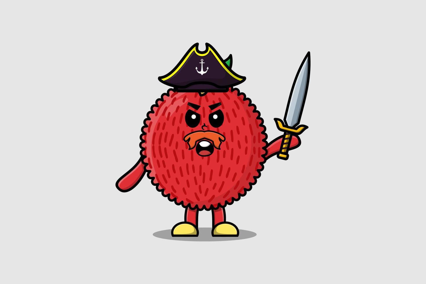 lindo personaje de dibujos animados lichi pirata con espada vector