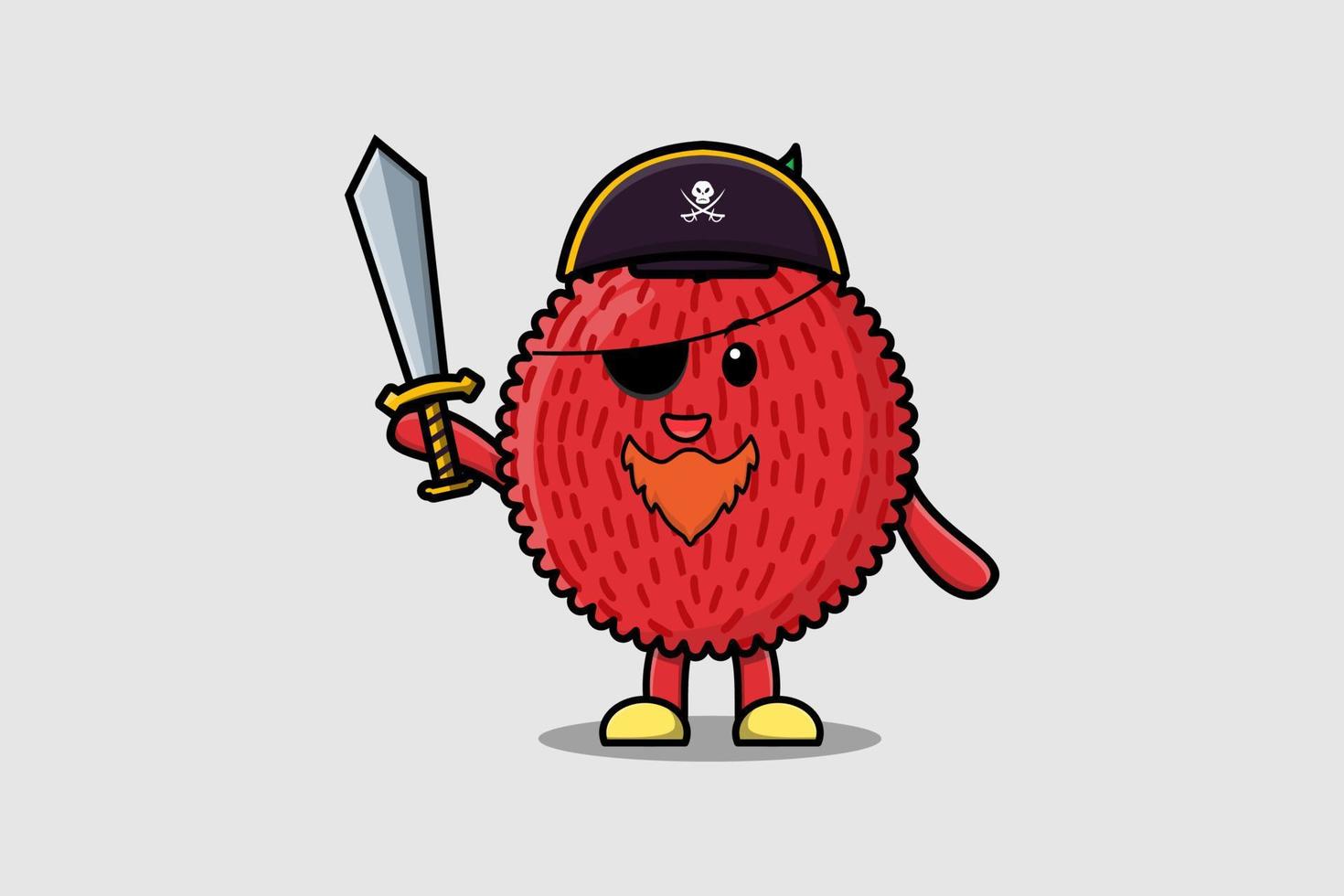 Cute cartoon character Lychee pirate holding sword vector