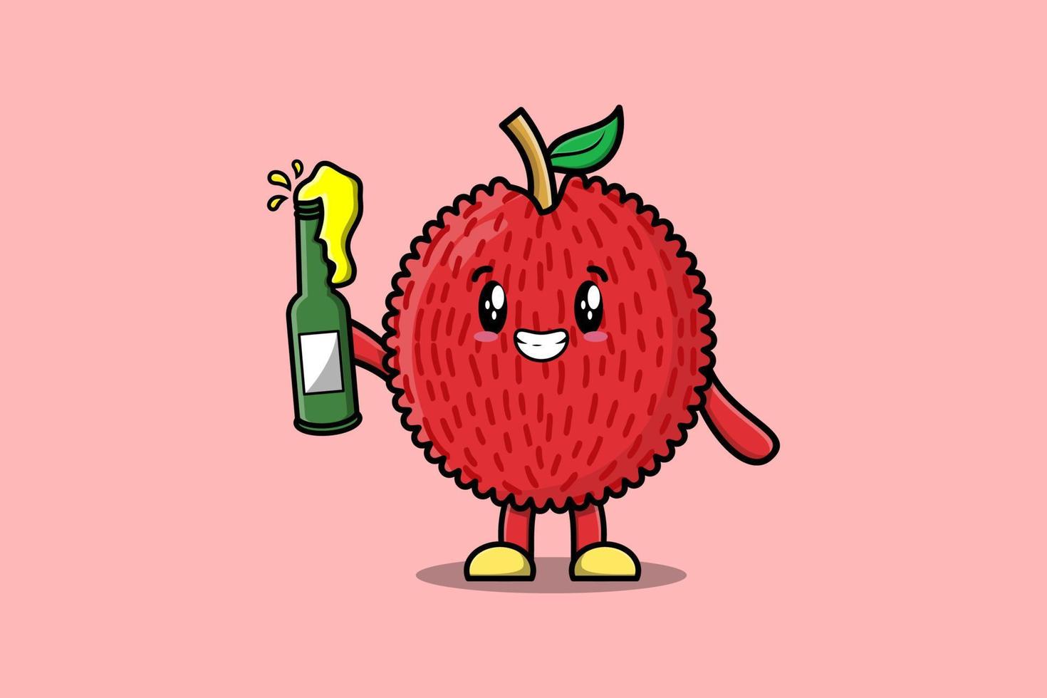 lindo personaje de dibujos animados lichi con botella de refresco vector