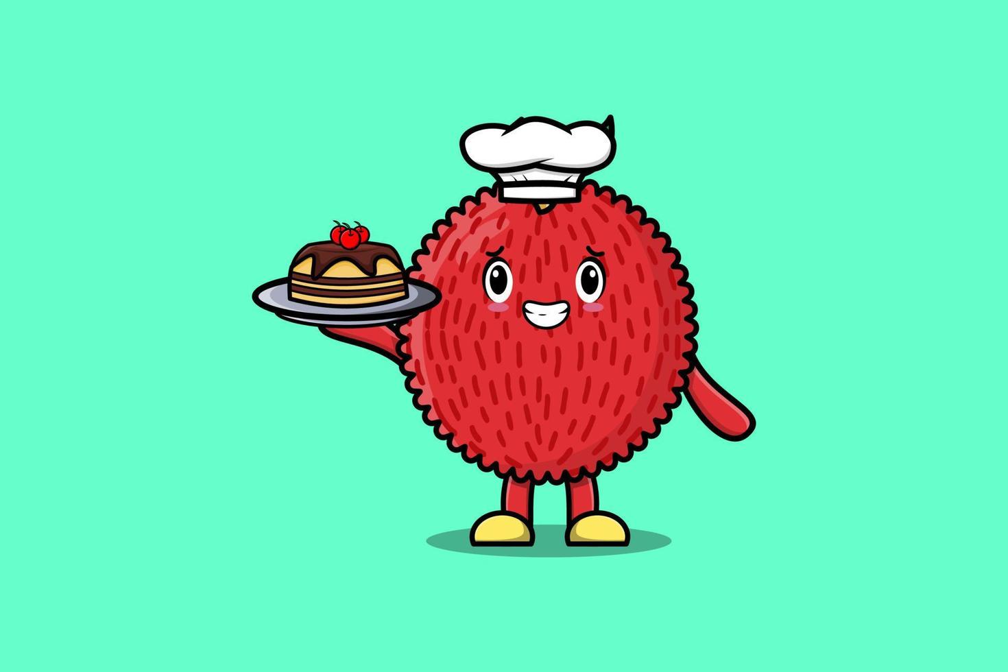 Cute Cartoon chef Lychee serving cake on tray vector