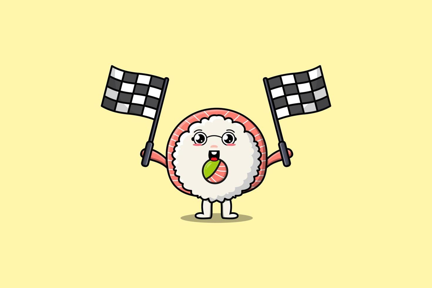 Rice sushi rolls sashimi cartoon holding race flag vector