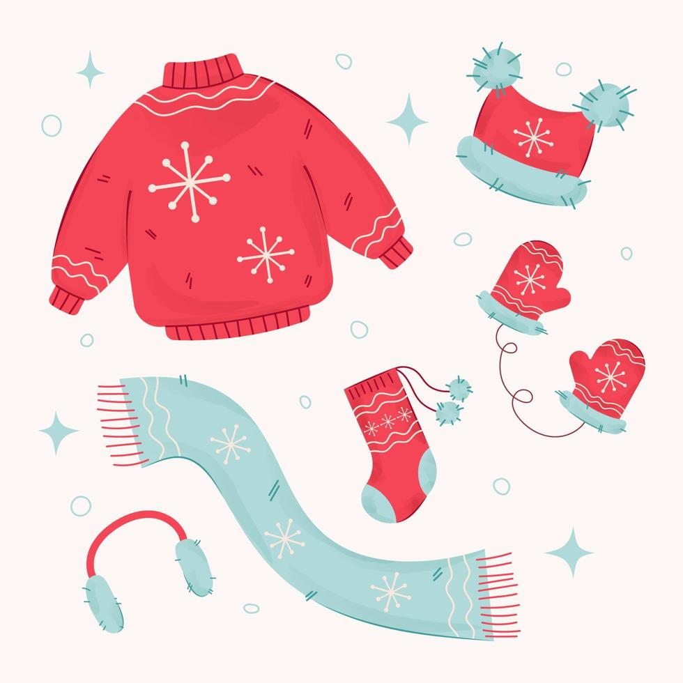 vector set of winter warm clothes with watercolor effect