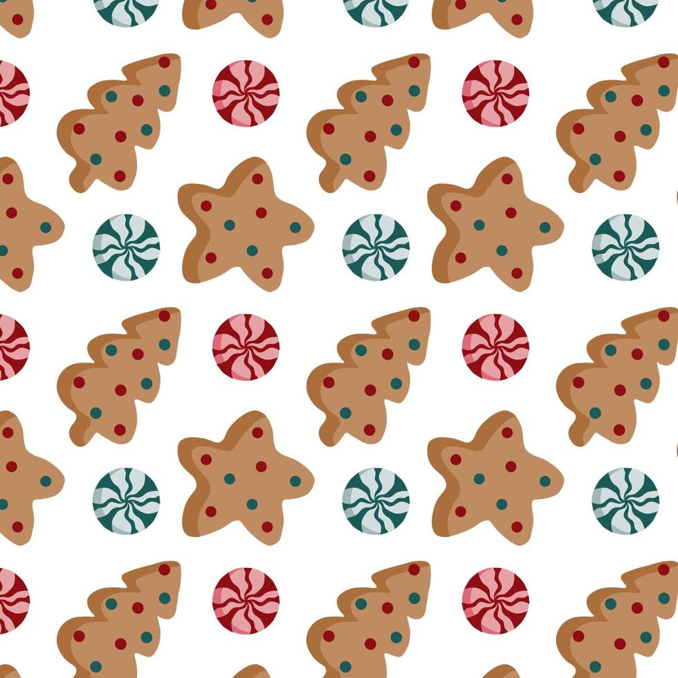 Pattern Christmas with gingerbread in the form of a Christmas tree and a star with sprinkles, red and green lollipops on a white background. vector