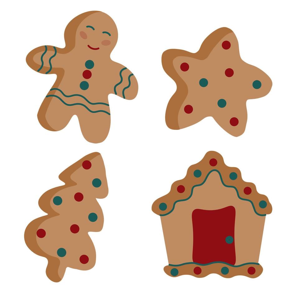 conjunto de galletas de jengibre navideñas. hombre de pan de jengibre, casa, estrella, árbol de navidad. iconos de pan de jengibre de navidad. vector