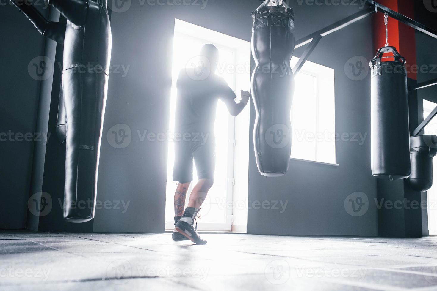Man in sportive clothes training boxing in the gym with pushing bags. Illuminated by light photo