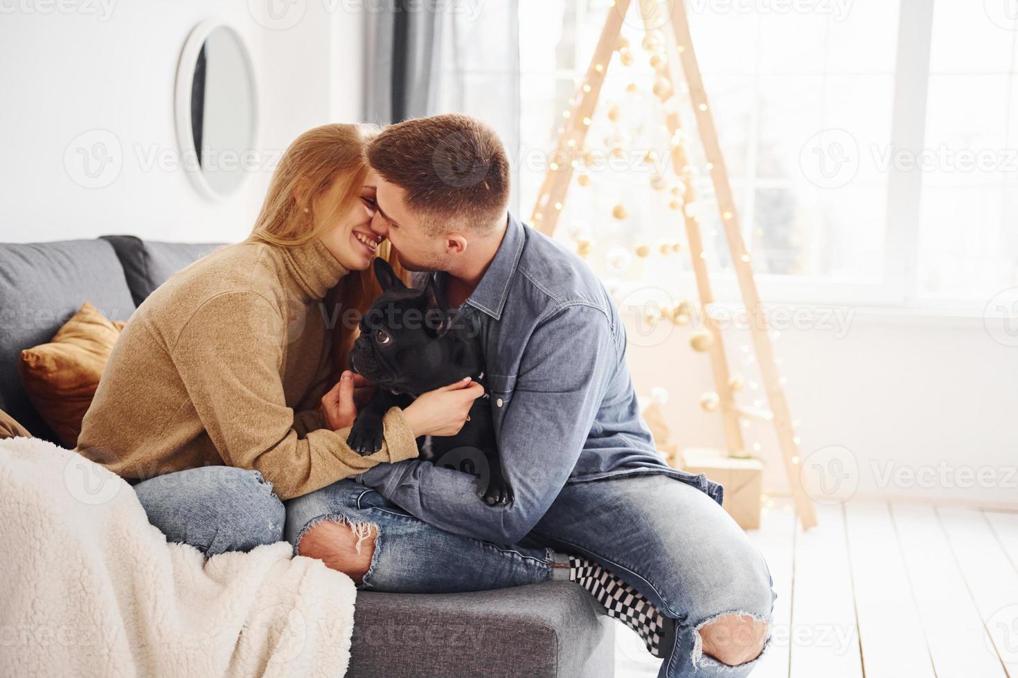 Happy young modern couple sitting on the sofa at home with christmas tree with their cute dog photo
