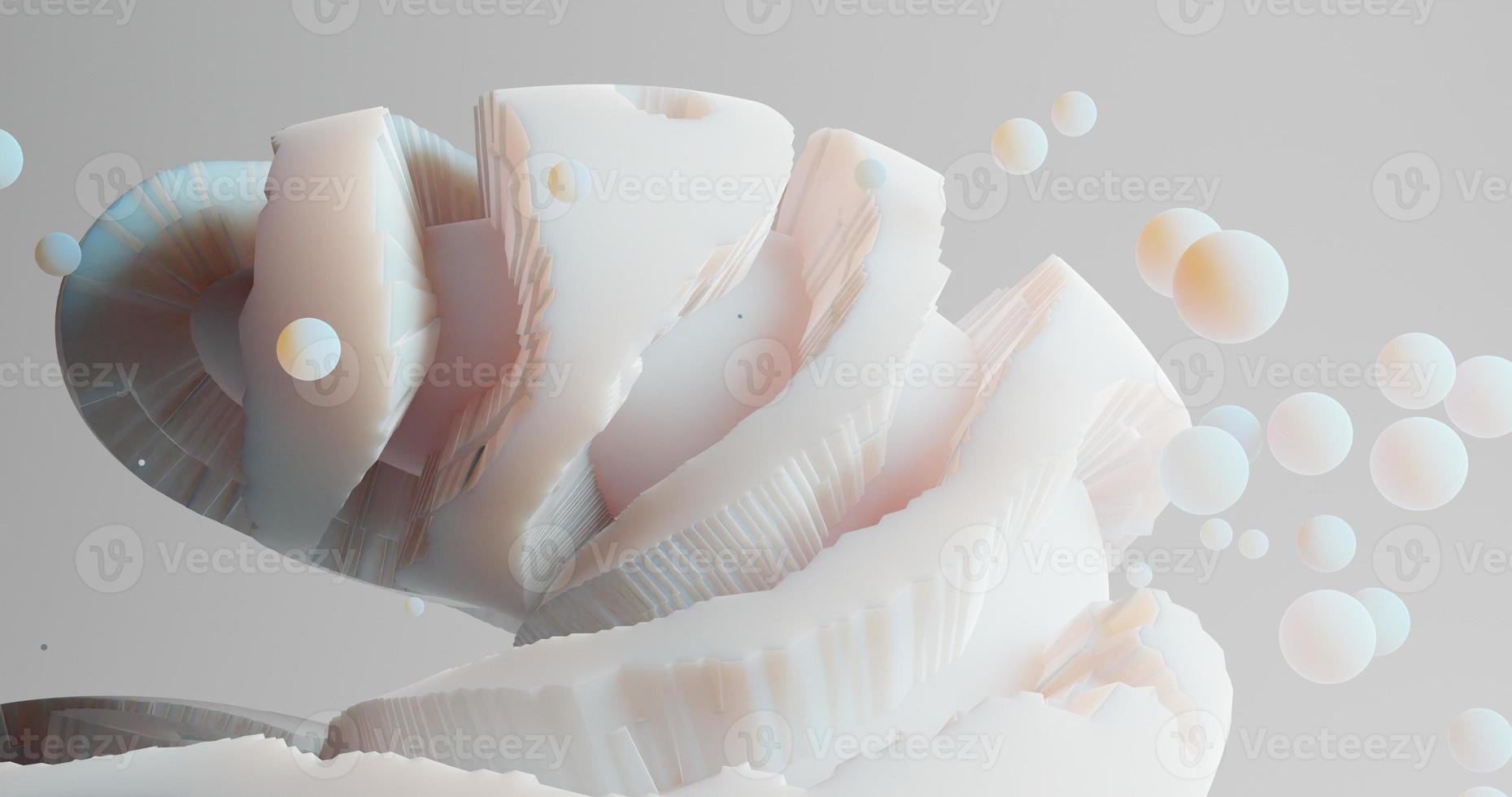 abstract background using a soft white shell shape and small balls scattered around it, 3d rendering and 4K size photo