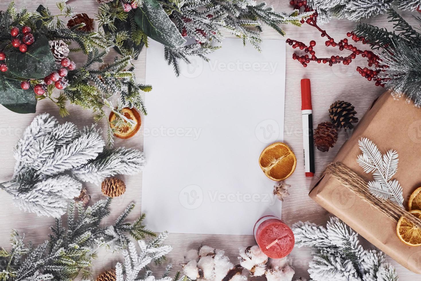 Top view of christmas festive frame with new year decorations photo