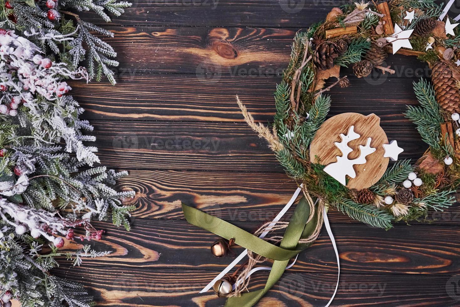 Cute cookie. Top view of christmas festive frame with new year decorations photo