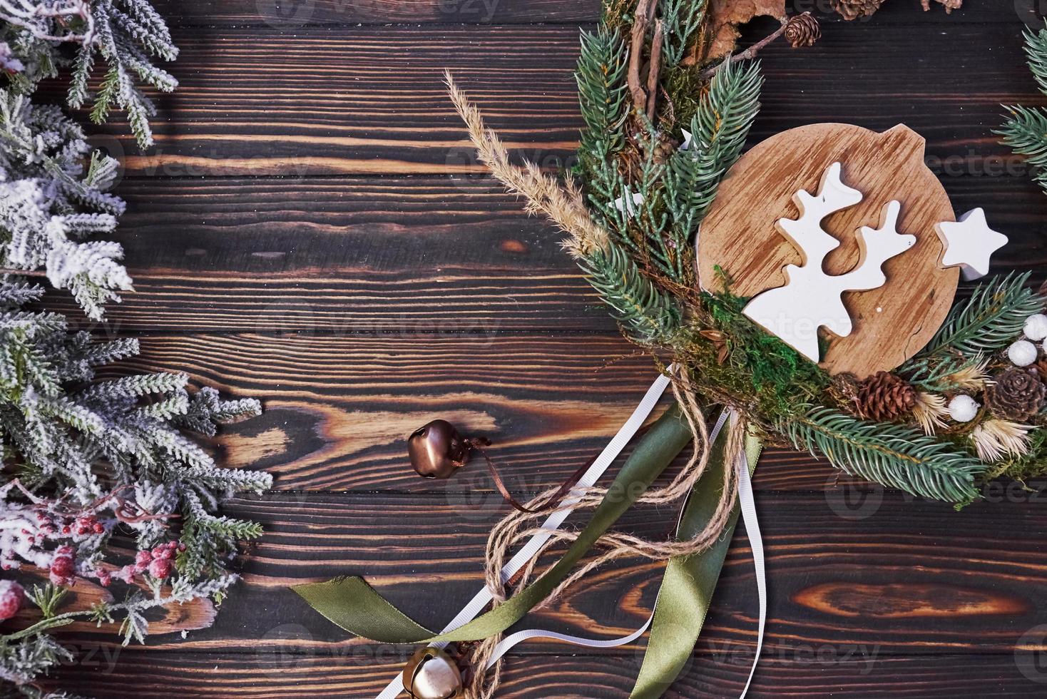 Cute cookie. Top view of christmas festive frame with new year decorations photo