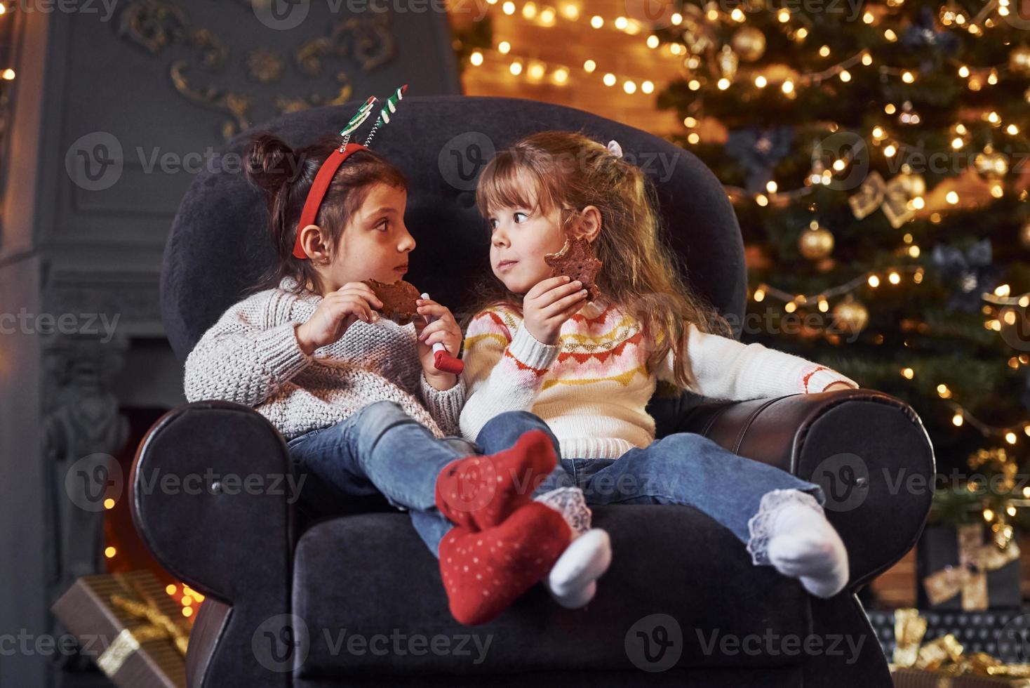Two little girls sitting and eating cookies in christmas decorated room photo