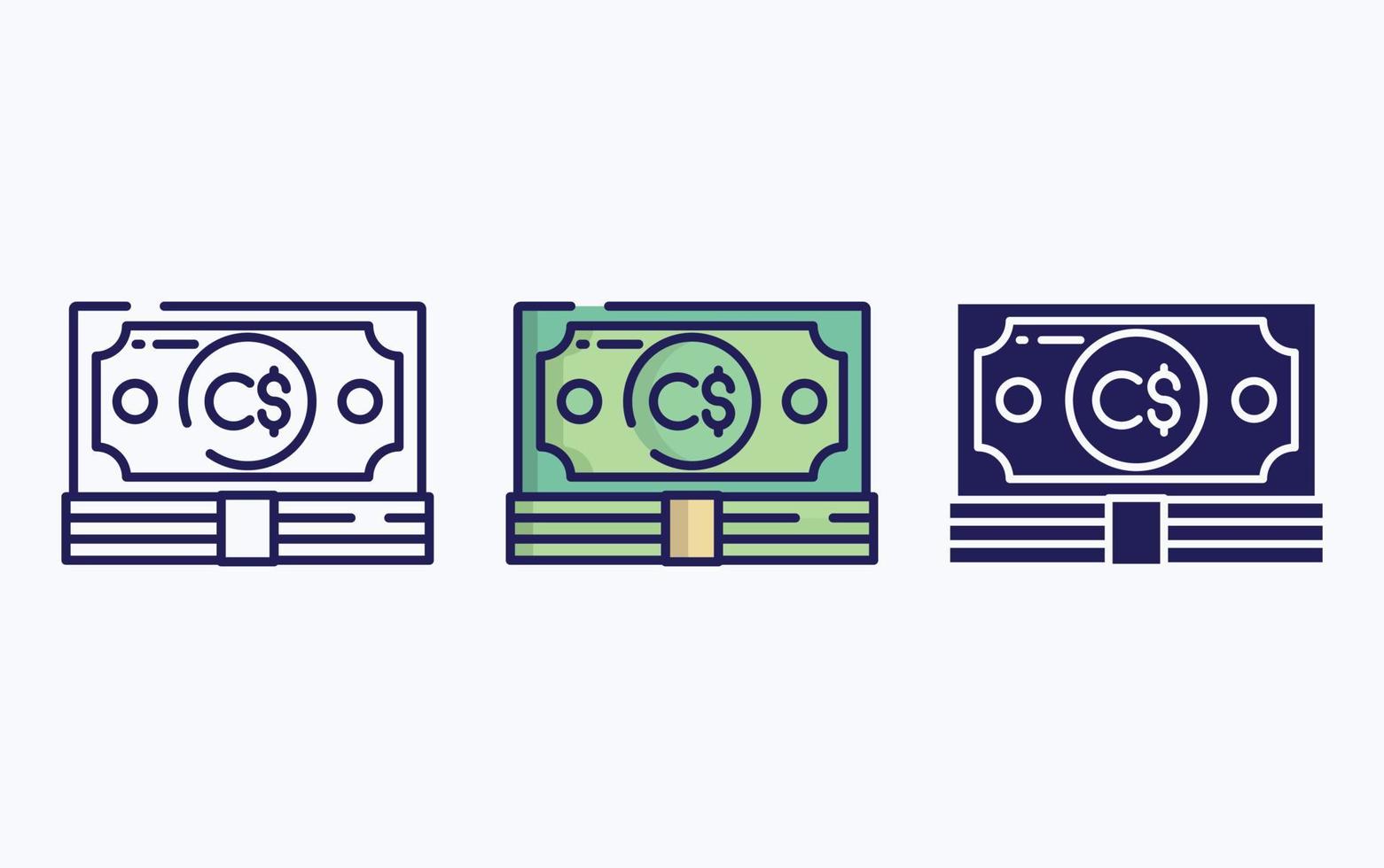 billete de moneda, línea de dinero e icono de glifo, ilustración vectorial vector