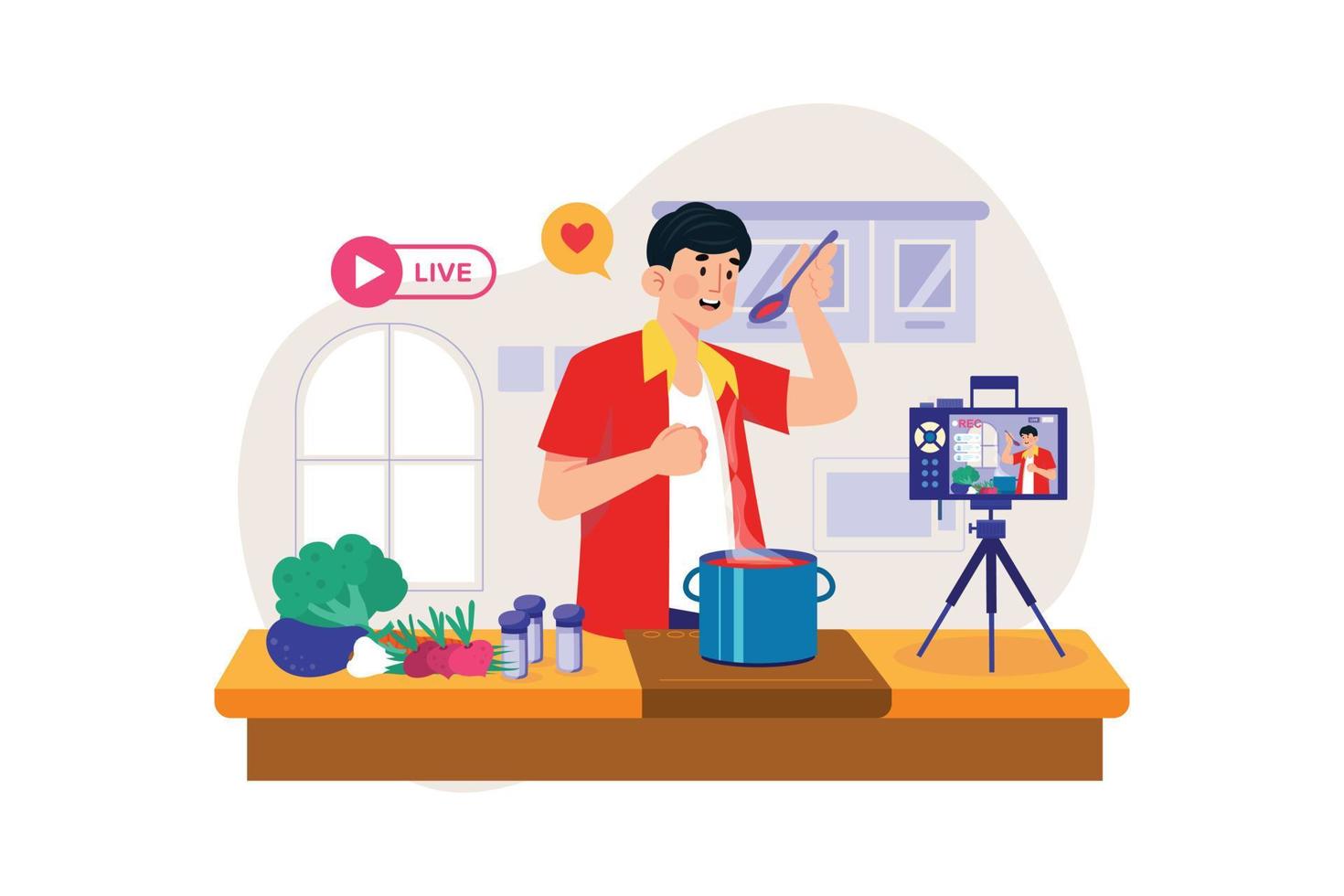 Happy man cooking dishes in the kitchen on a live stream vector