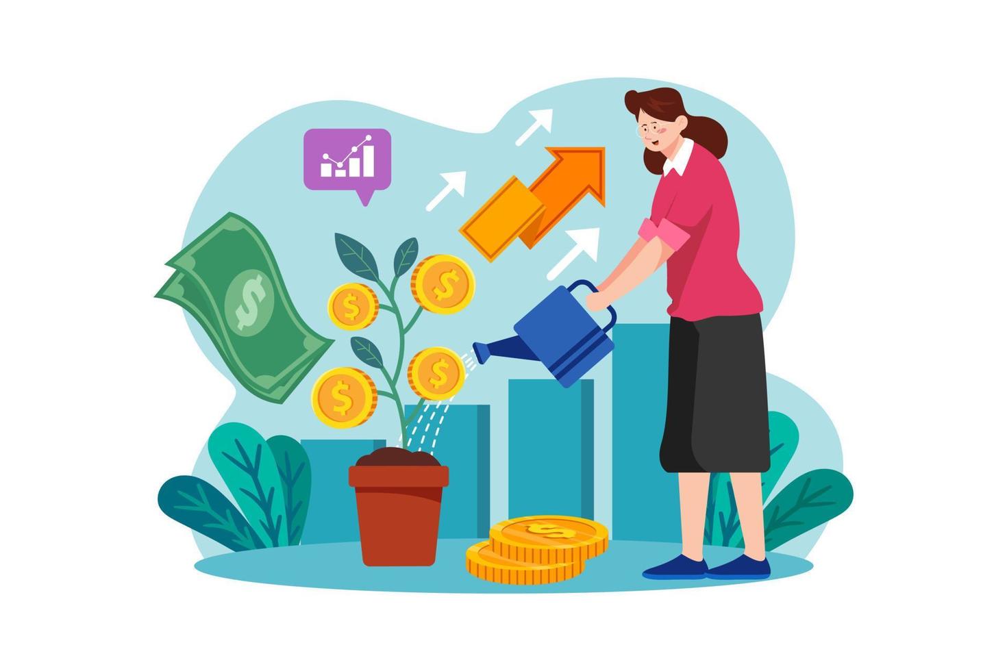 Woman watering a money tree Illustration concept. A flat illustration isolated on white background vector