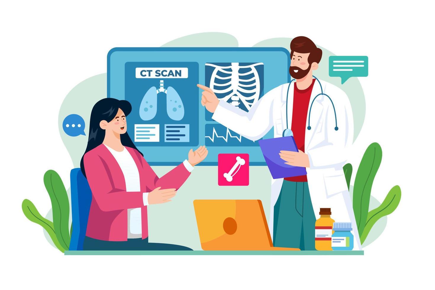 Doctor shows the results of the CT scan to the patient vector