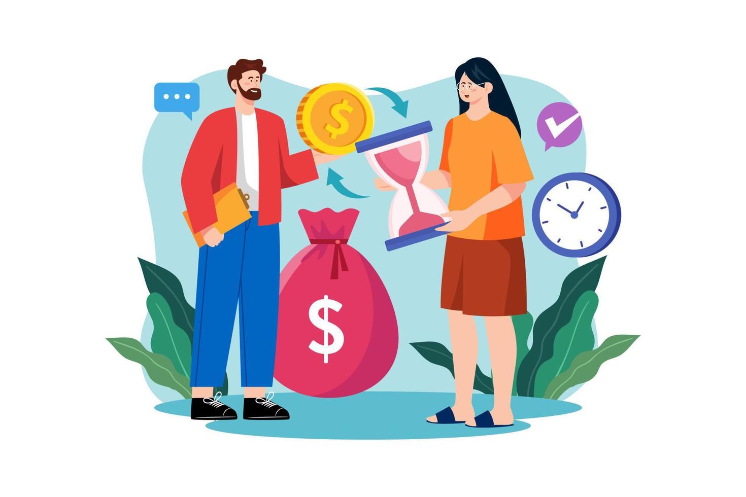 Man and woman exchange money for time vector