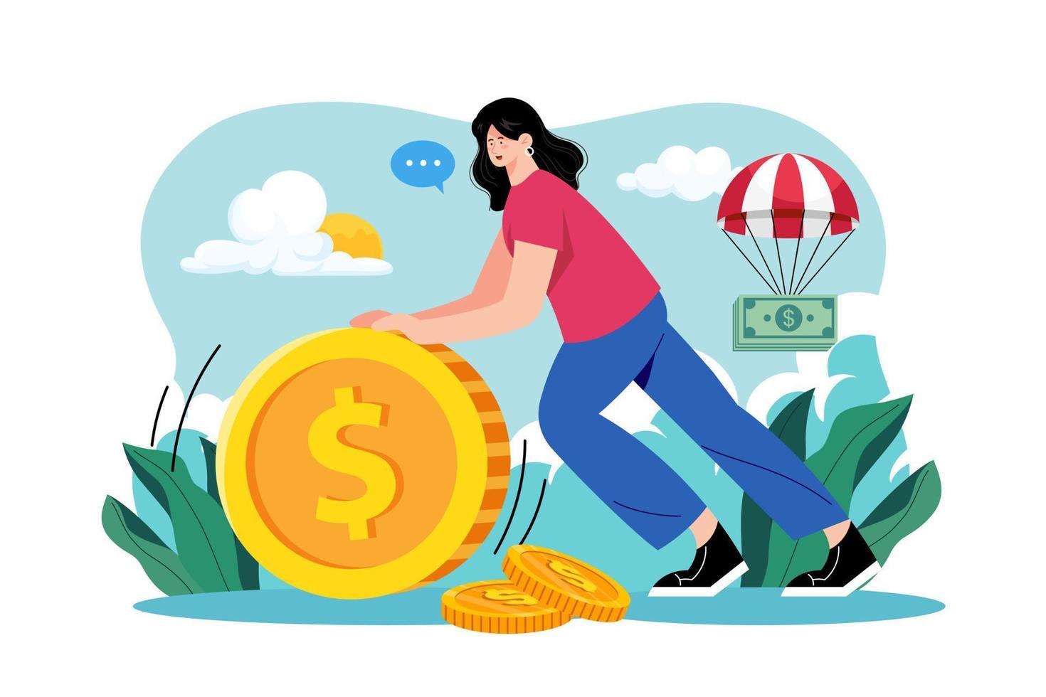 Woman rolls a large coin Illustration concept. A flat illustration isolated on white background vector