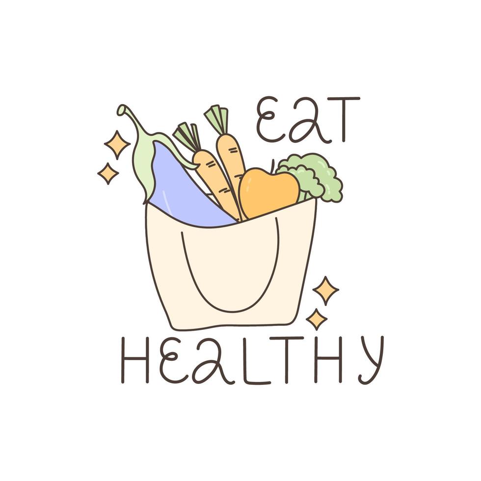 Useful habits. Banner with the inscription - Eat healthy. Set of fresh vegetables and fruits for a healthy diet. Vector illustration with text.