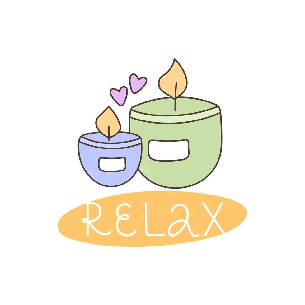 Vector illustration with the inscription - Relax. Scented candles as one of the types of relaxation and aromatherapy after hard working days.