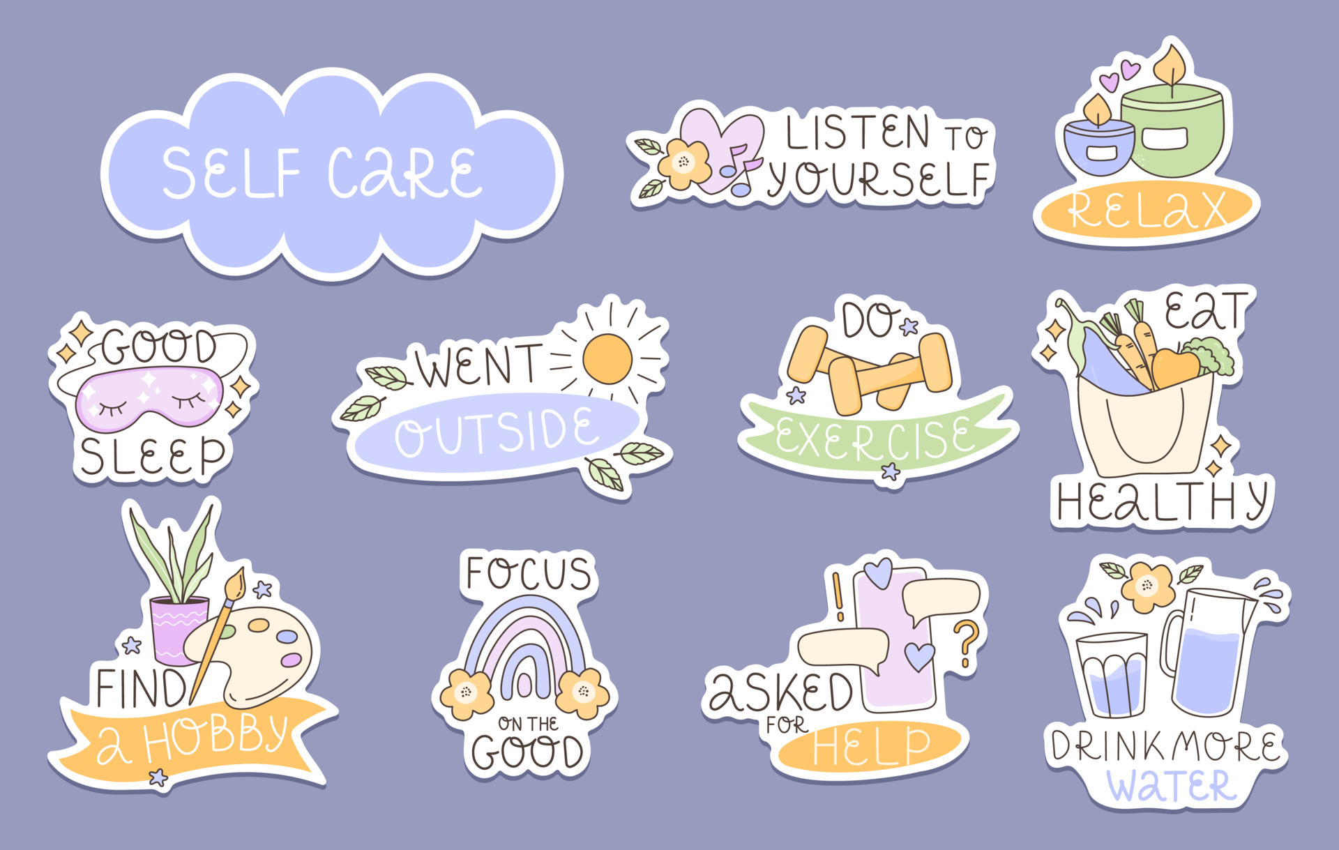 A set of bright stickers on the theme of mental health. Collection for