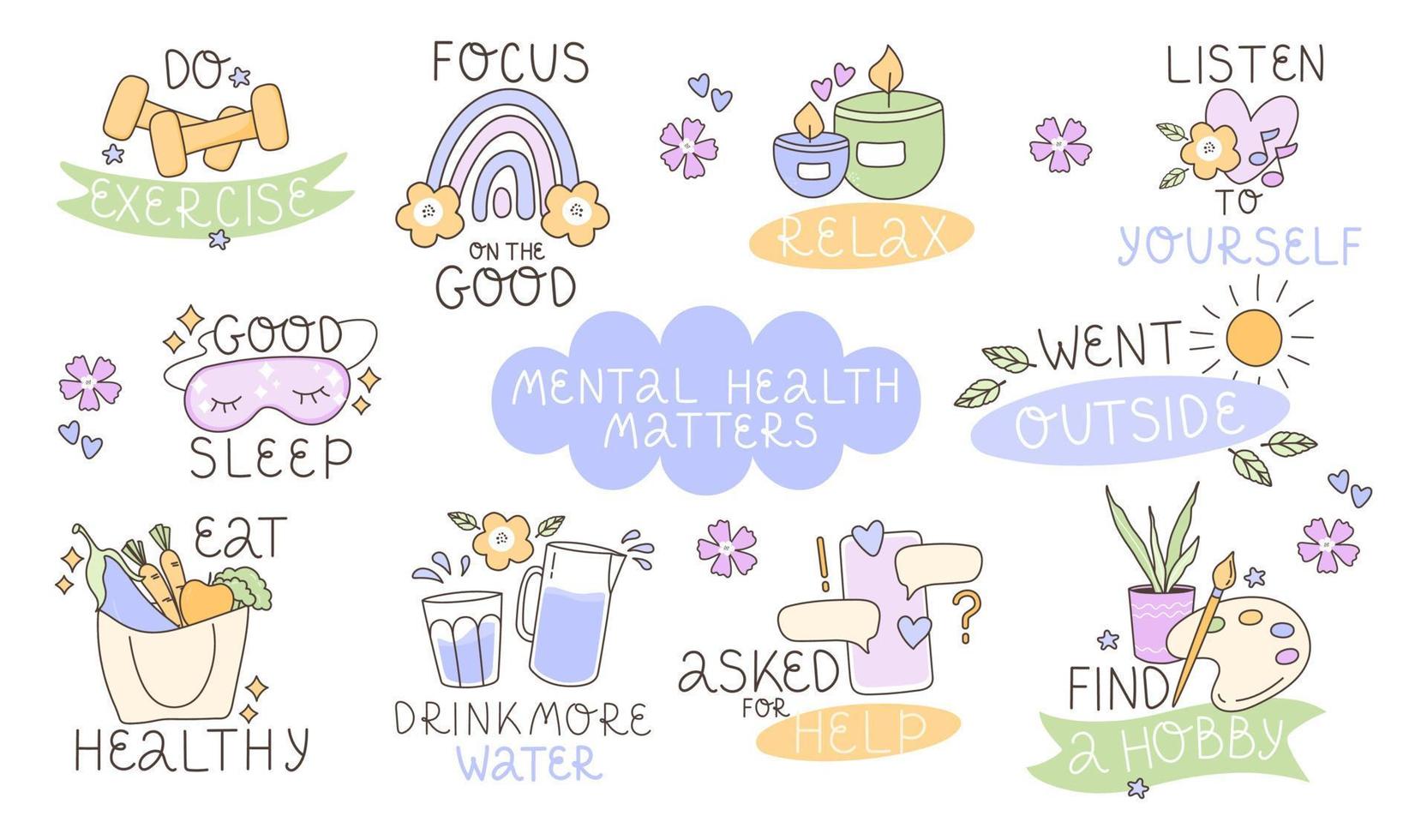 The concept of mental health and psychology. Daily routine, fresh food, hobbies, fitness, relaxation, sleep, plenty of water. Set of vector illustrations isolated on white background.
