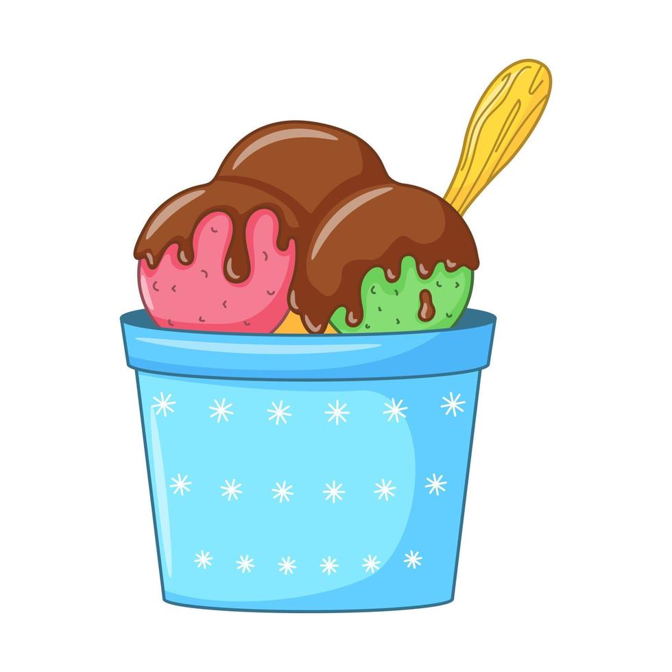 bolas de helado rosa y verde con glaseado de chocolate y cuchara de madera en un bol. postre frío de lácteos. comida dulce de temporada. ilustración de vector dibujado a mano de fideos de color aislado en blanco. estilo de dibujos animados