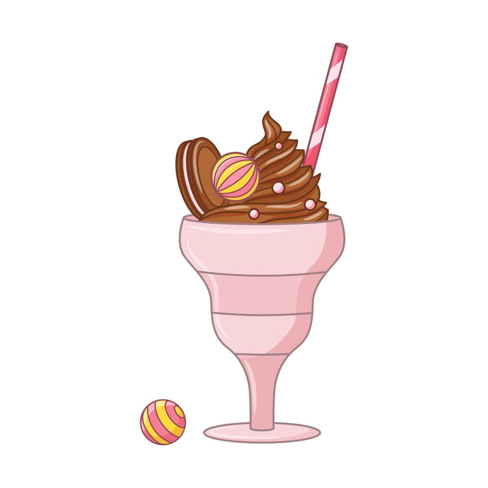 Chocolate whipped Ice cream with cookie, candy and straw in a cream bowl. Dairy cold dessert. Seasonal sweet food. Colored doodle hand drawn Vector illustration isolated on white. Cartoon style