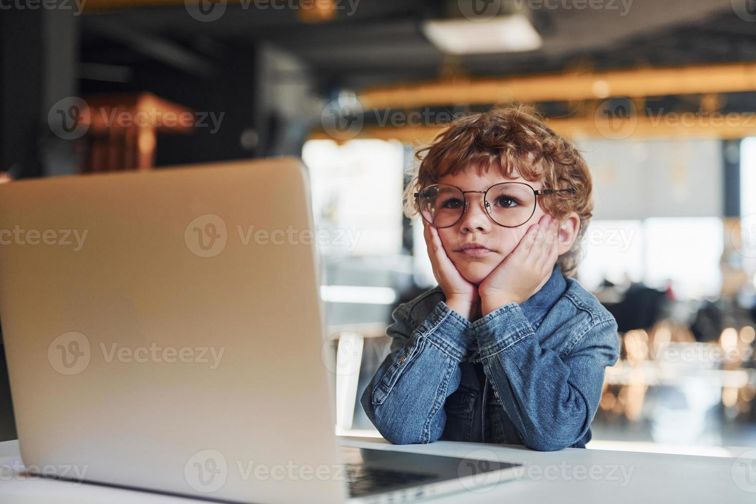 Smart child in casual clothes and in glasses using laptop for education purposes photo