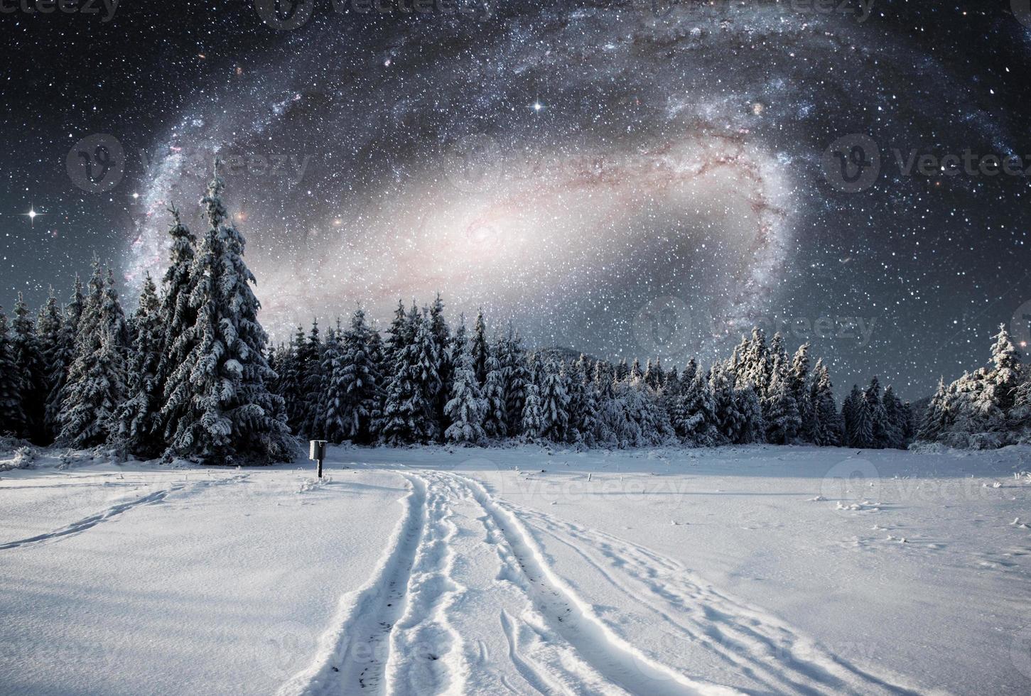 Majestic landscape with forest at winter night time with stars and galaxy in the sky. Scenery background. Elements furnished by NASA photo