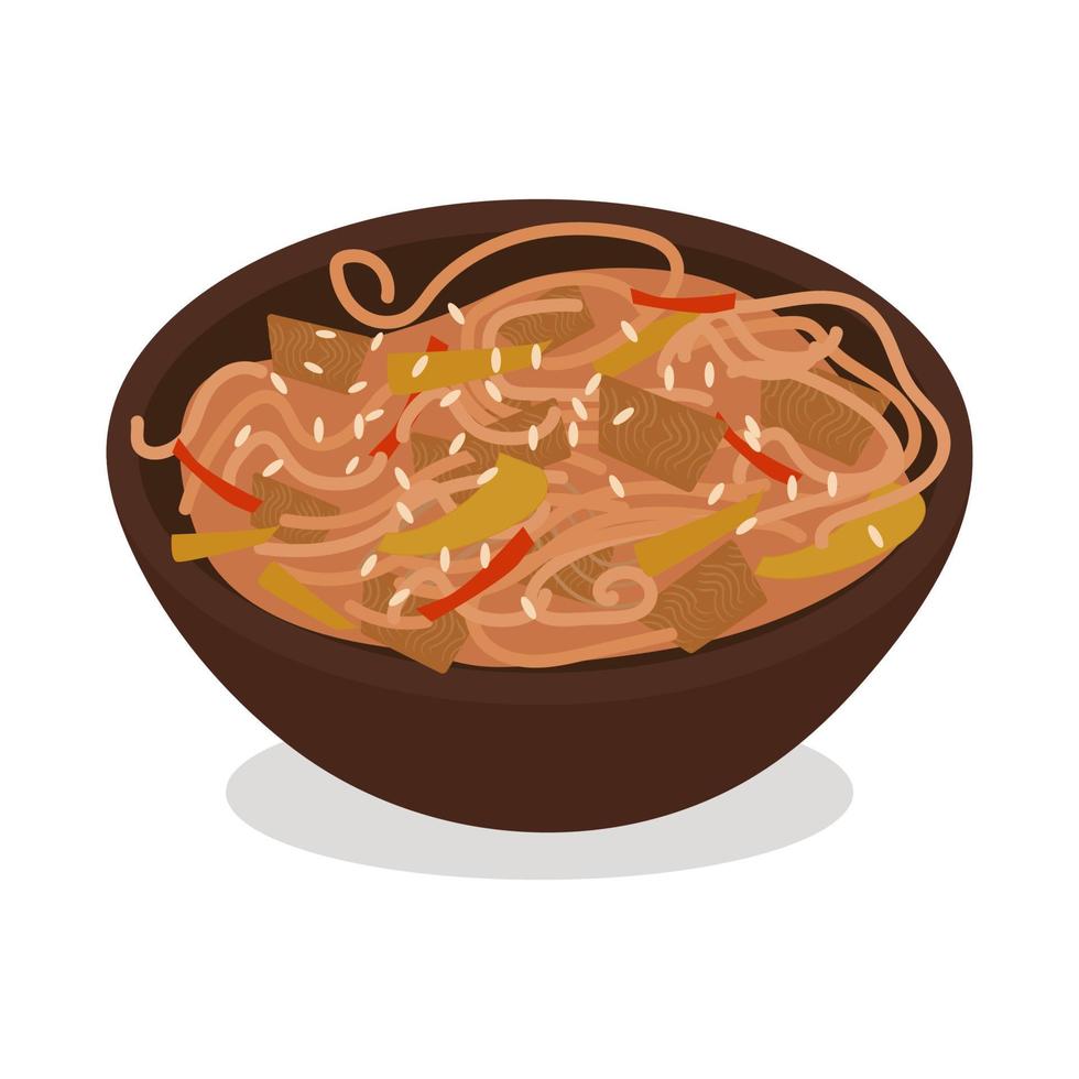 Soba buckwheat noodles with chicken and vegetables in a wok vector