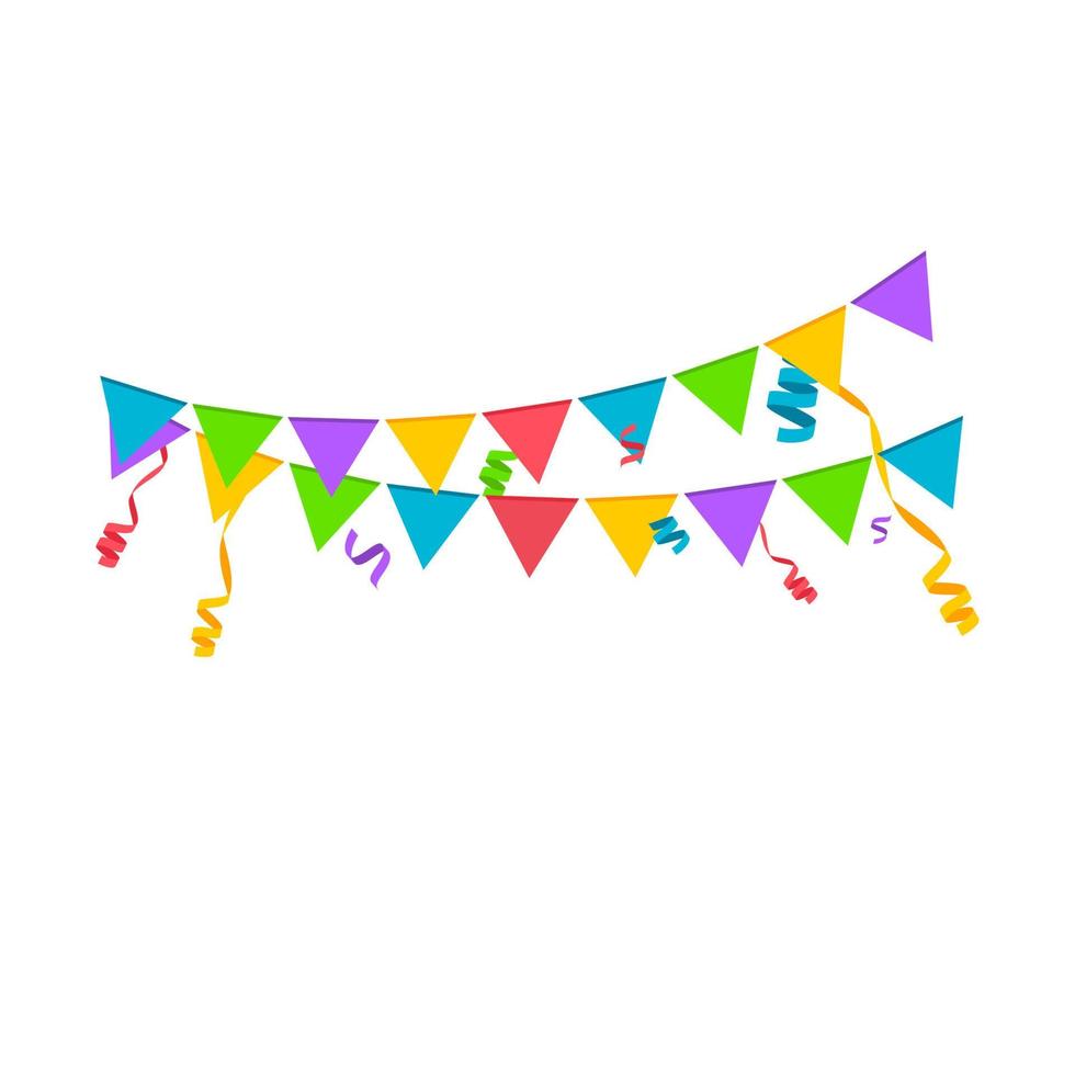 Falling confetti with flag garlands, birthday vector background