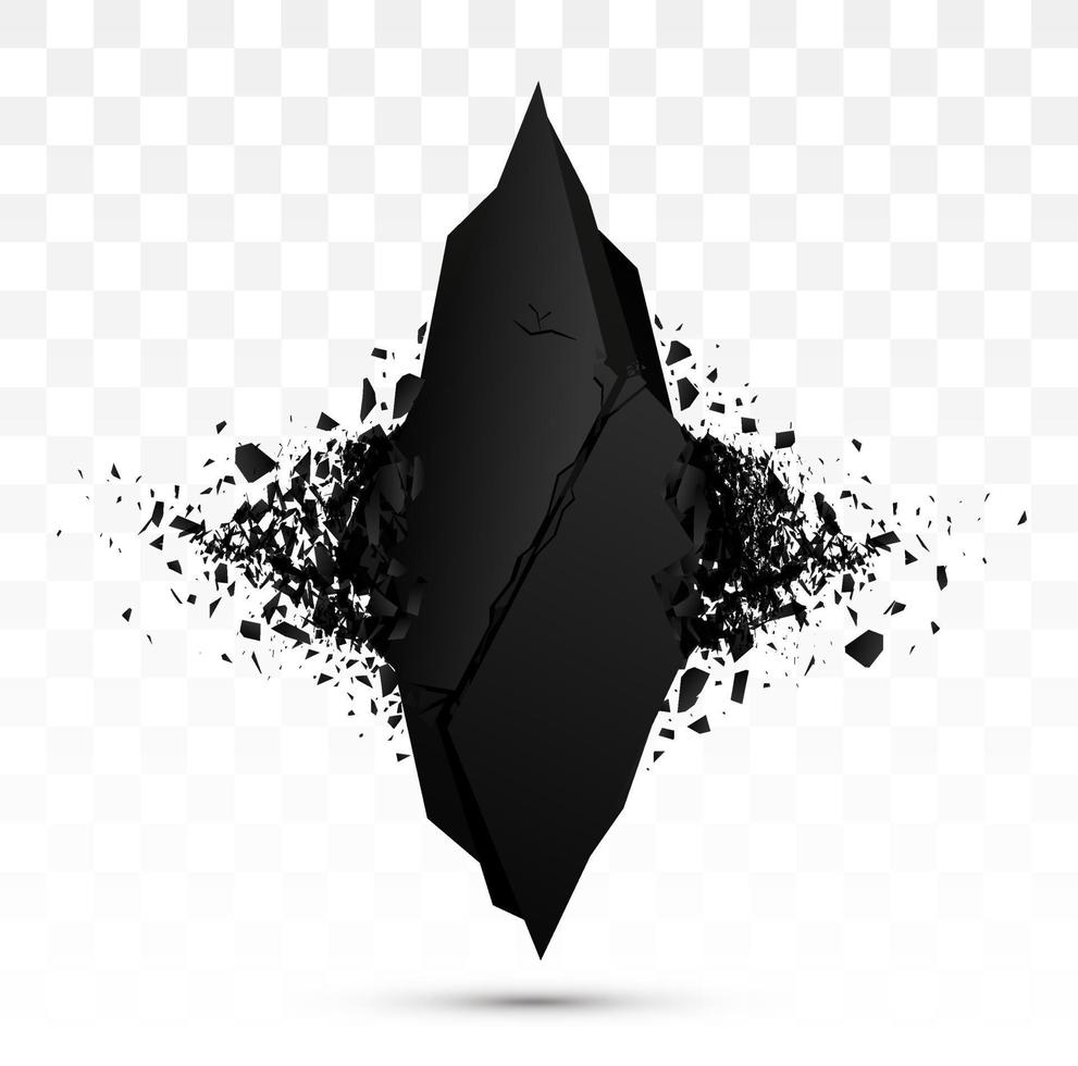 Black stone with debris isolated. Abstract black explosion. Geometric illustration. Vector destruction shapes with debris