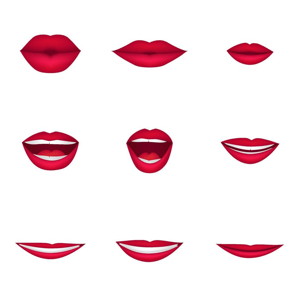 dibujos animados realistas 3d lindos labios de bocas parlantes para animación de personajes de dibujos animados. varias opciones de boca de mujer abierta con labios, lengua y dientes en lápiz labial rojo. beso de glamour de moda para el día de san valentín. vector