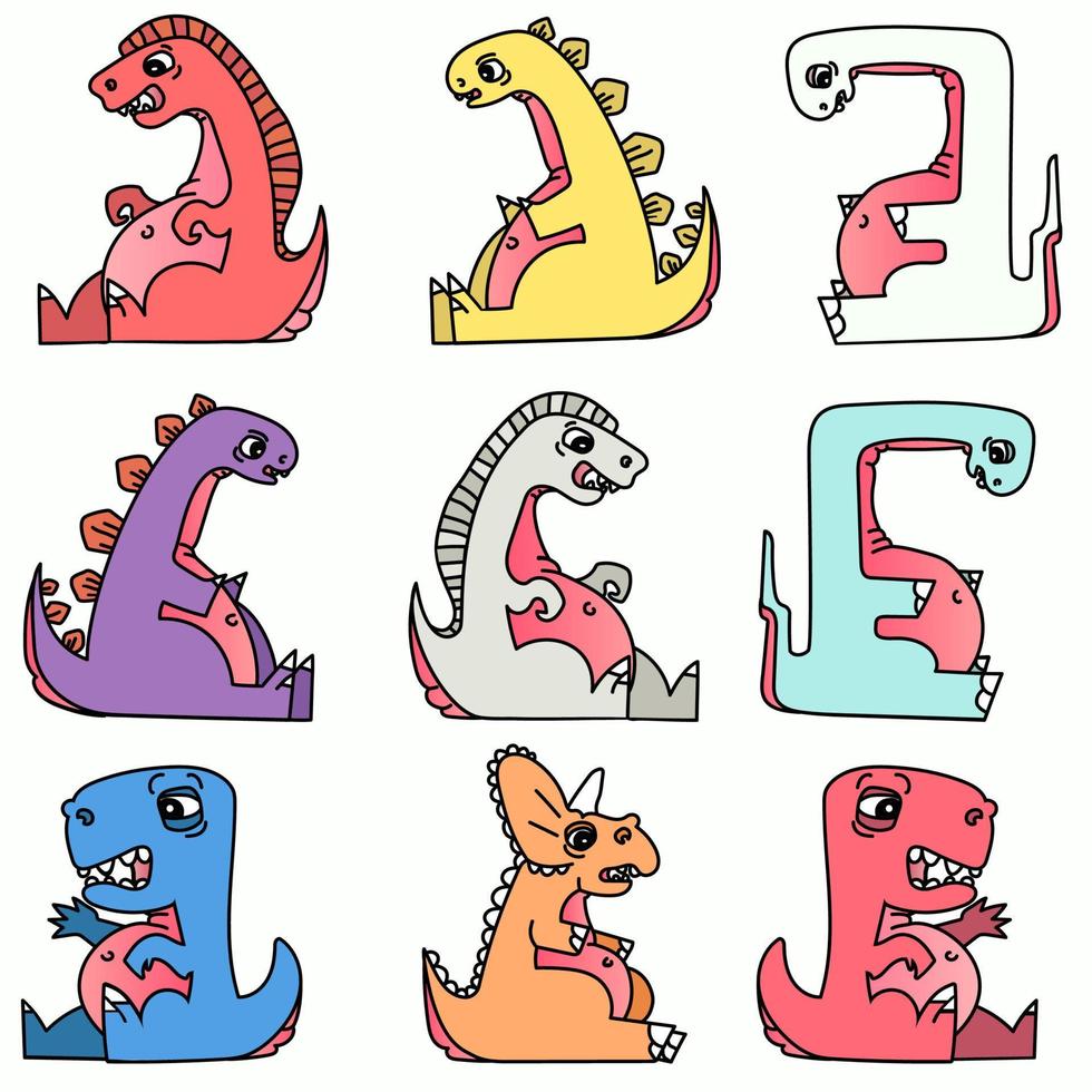 Dinosaur vector set in cartoon style. Tirex, diplodocus, triceratops. Pattern background for print. Colorful cute baby illustration perfect for kids room wallpaper. Comic cute colorful stickers.