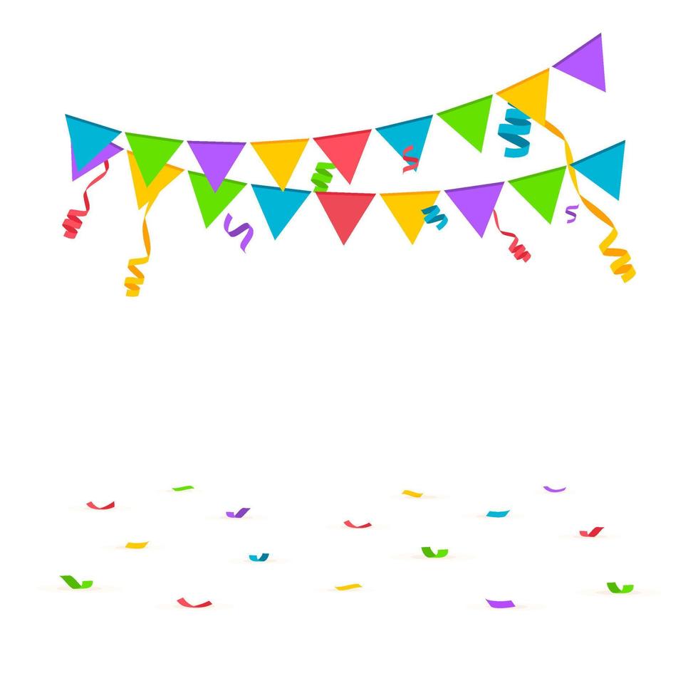Falling confetti with flag garlands, birthday vector background