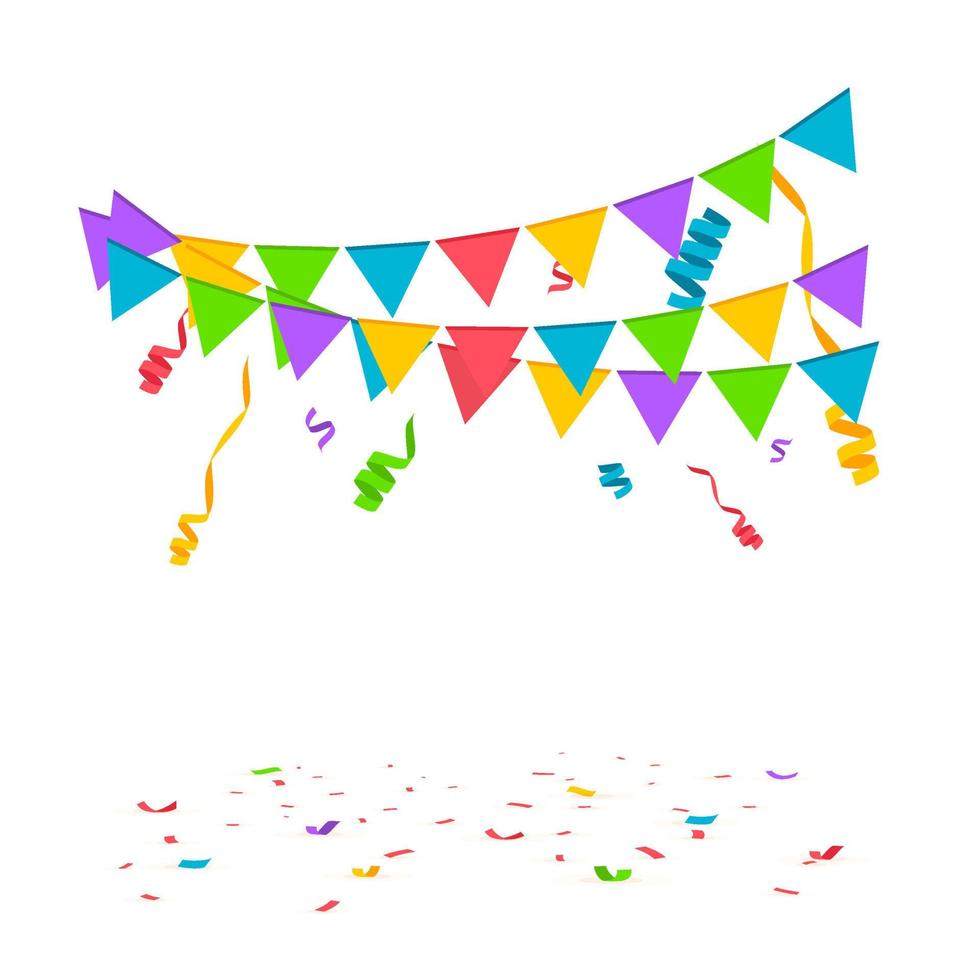 Falling confetti with flag garlands, birthday vector background