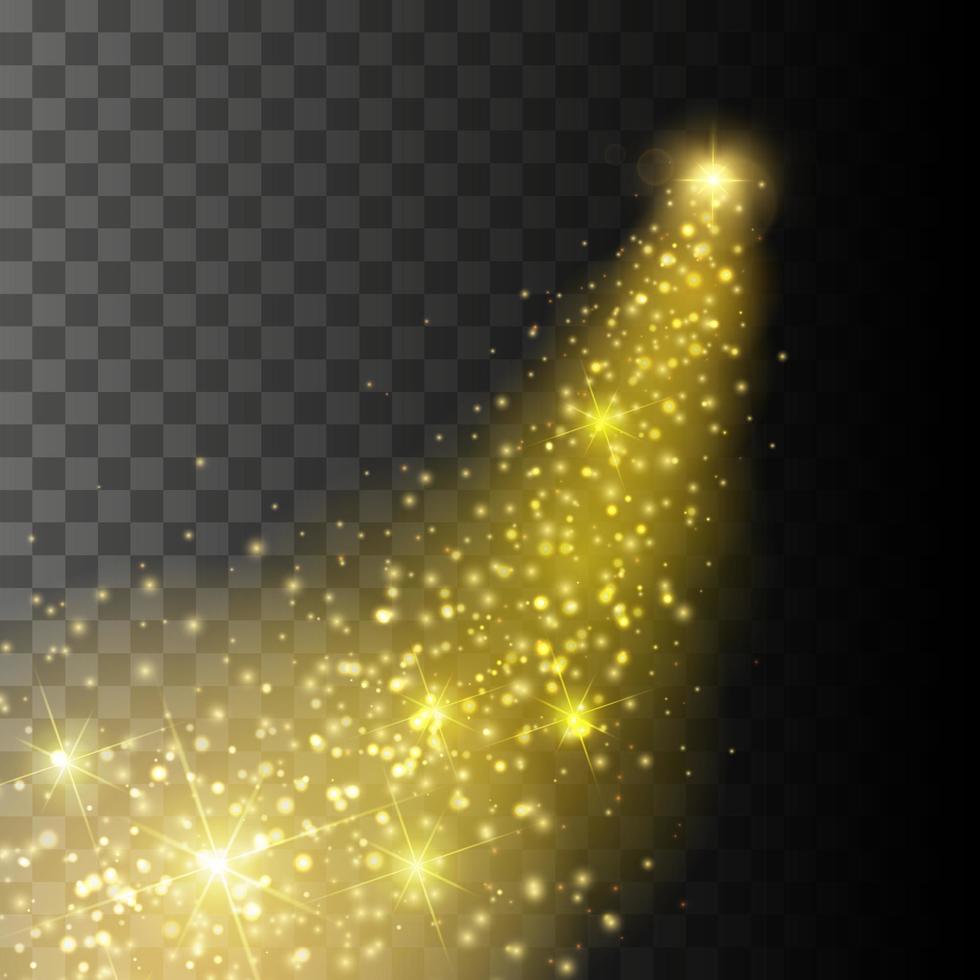 Magic glowing spark swirl trail effect. Bokeh glitter wave line with flying sparkling flash lights vector