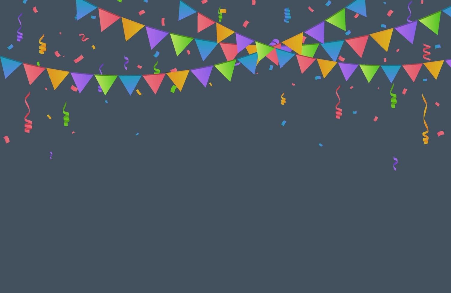 Falling confetti with flag garlands, birthday vector background