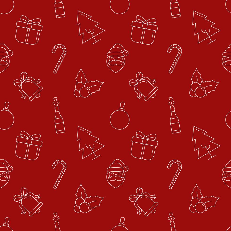 Christmas and New Year concept. Seamless pattern of sweet, present, tree, giftbox on red background. Perfect for wrapping, postcards, covers, fabric, textile vector