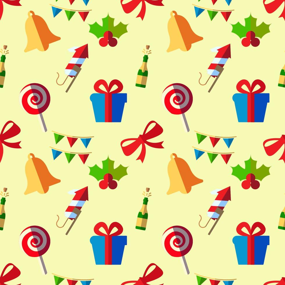 New Year, holiday, Christmas concept. Seamless pattern of bell, mistletoe, fireplace, champaign, bow, garland, lollipop. Perfect for wrapping, postcards, covers, fabric, textile vector