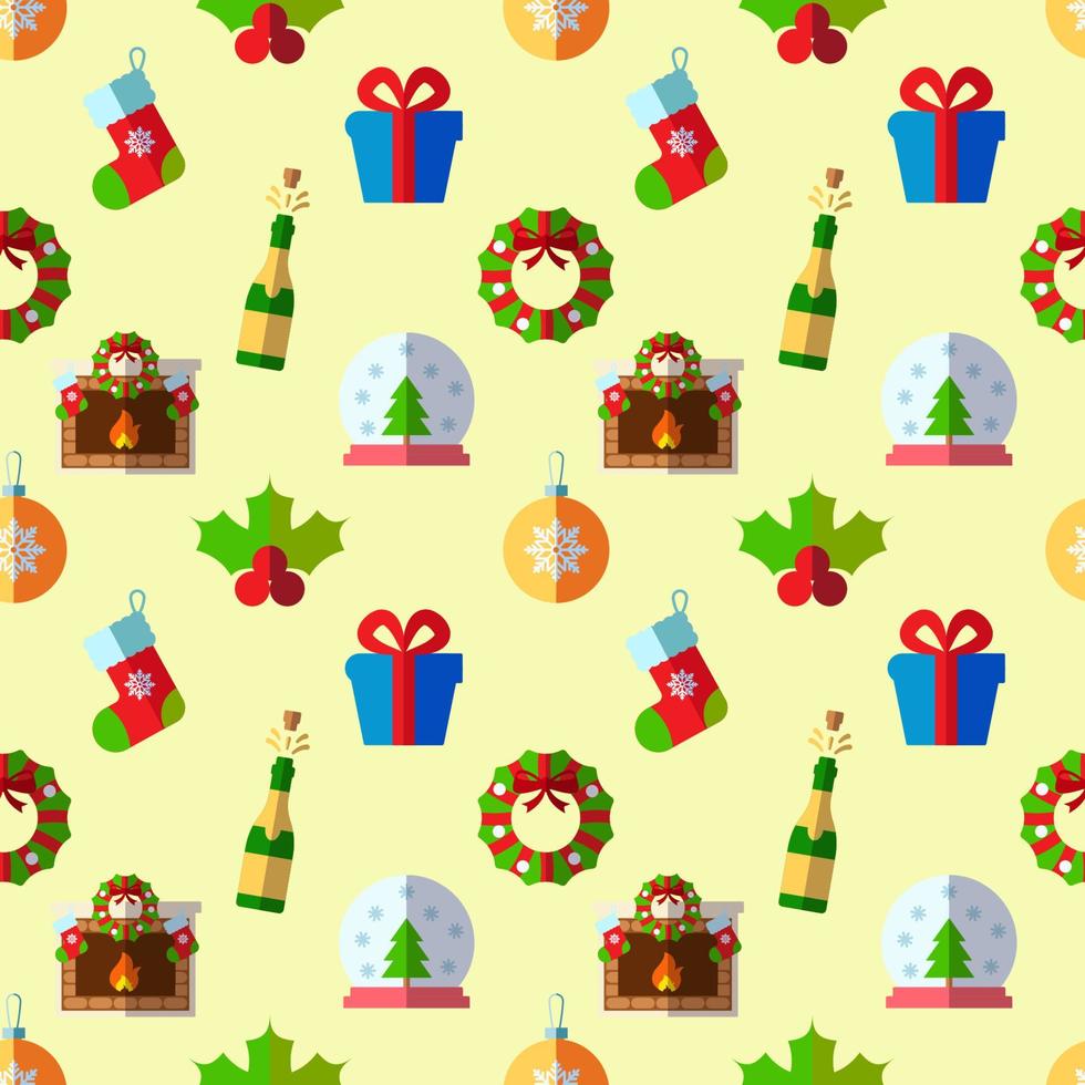 New Year, holiday, Christmas concept. Seamless pattern of sock, giftbox, wreath, bauble, mistletoe. Perfect for wrapping, postcards, covers, fabric, textile vector