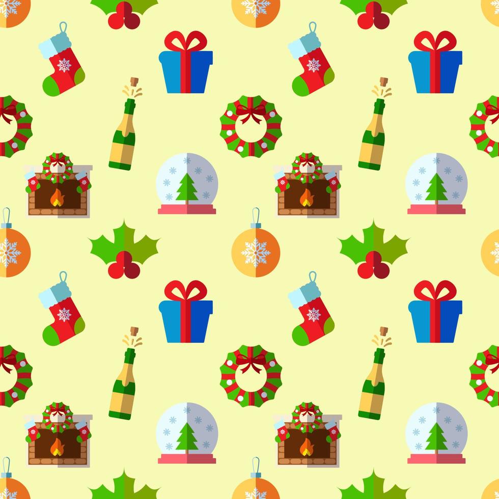 New Year, holiday, Christmas concept. Seamless pattern of sock, giftbox, wreath, bauble, mistletoe. Perfect for wrapping, postcards, covers, fabric, textile vector