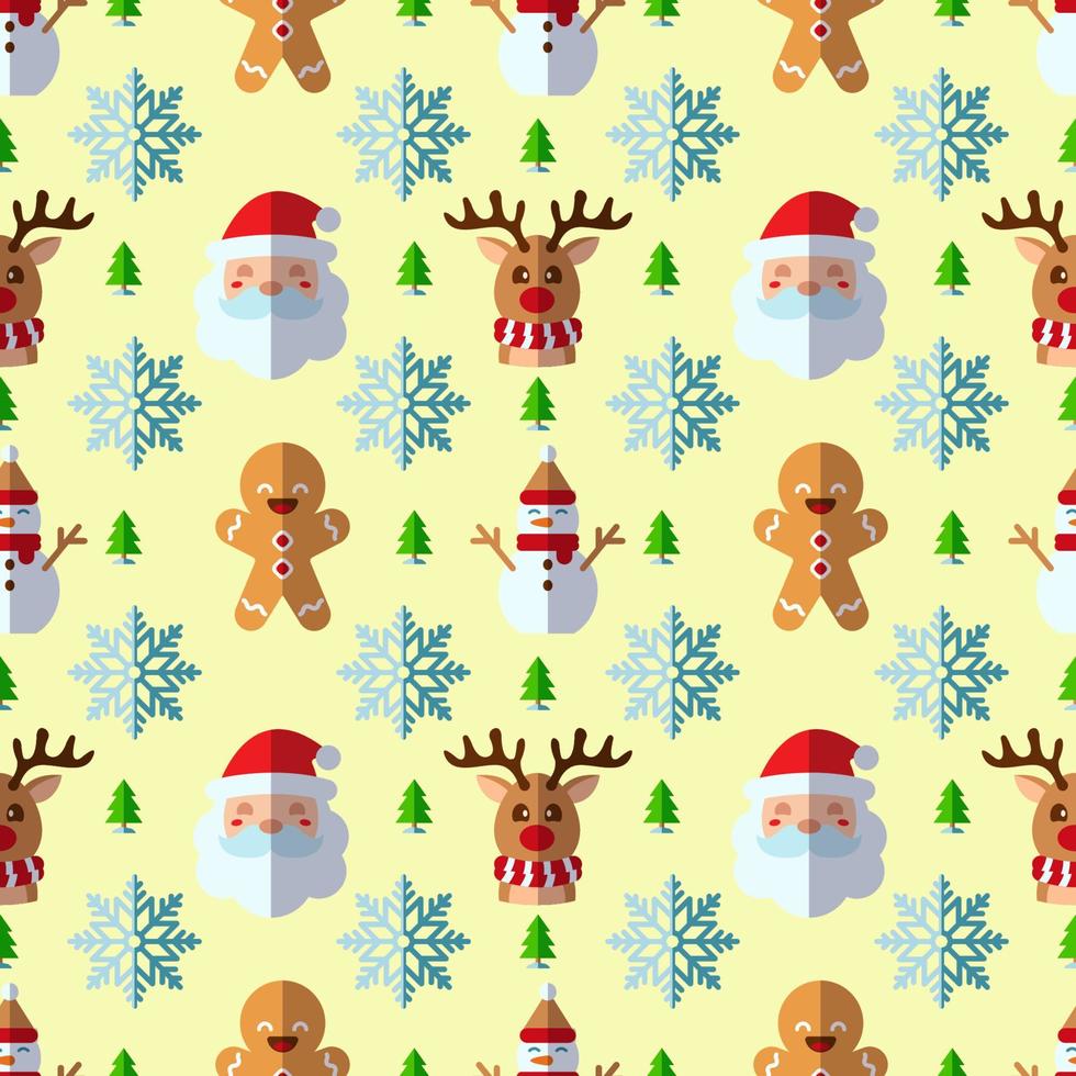 New Year, holiday, Christmas concept. Seamless pattern of tree, snowflake, snowman, deer, ginger man. Perfect for wrapping, postcards, covers, fabric, textile vector