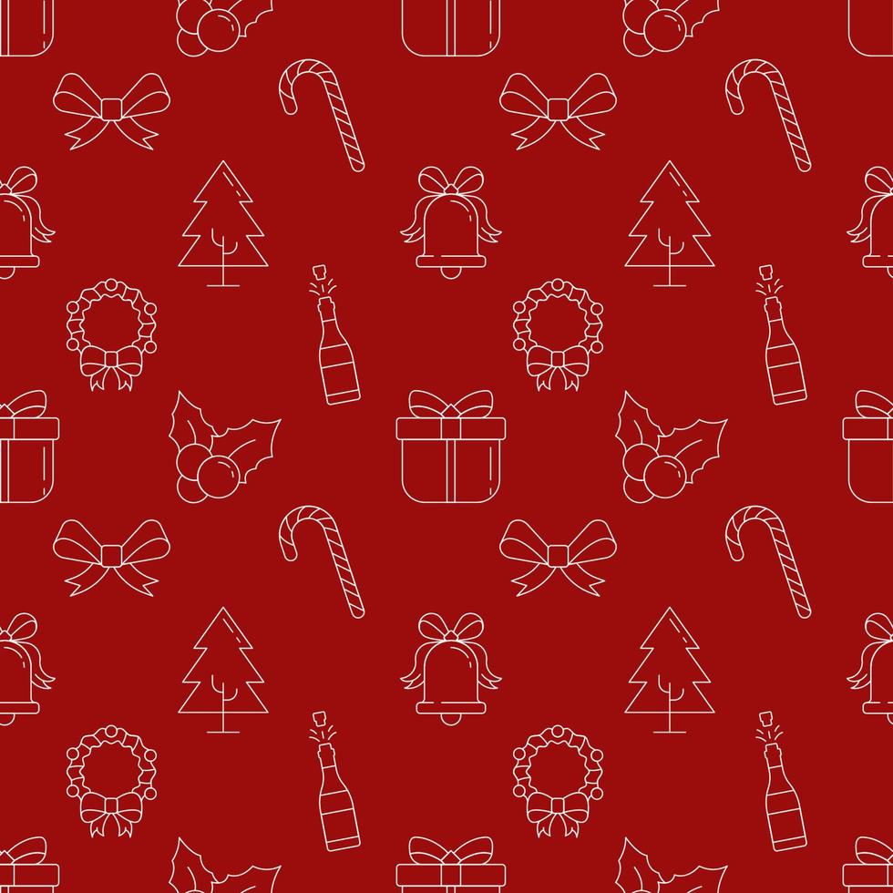 Christmas and New Year concept. Seamless vector pattern of tree, champagne, gift on red background. Perfect for wrapping, postcards, covers, fabric, textile