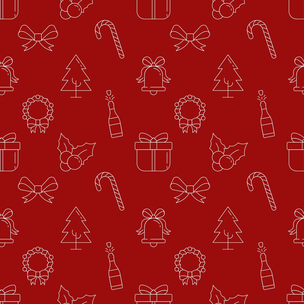 Christmas and New Year concept. Seamless vector pattern of tree, champagne, gift on red background. Perfect for wrapping, postcards, covers, fabric, textile